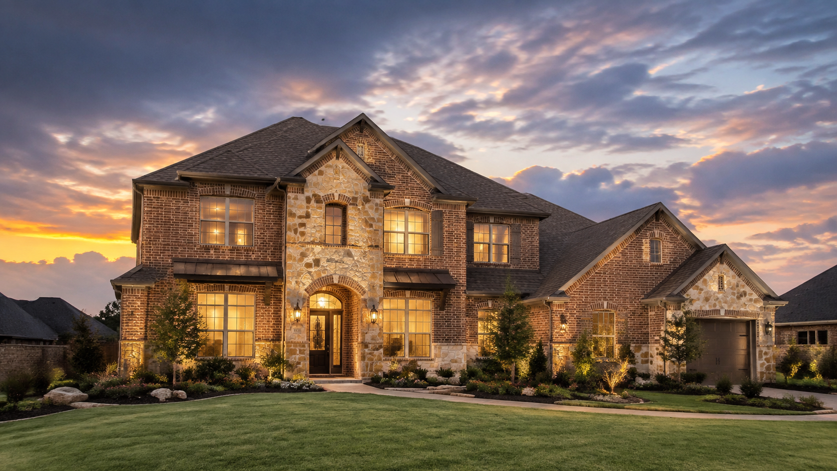 Brick and stone Texas home at dusk with a new architectural shingle roof