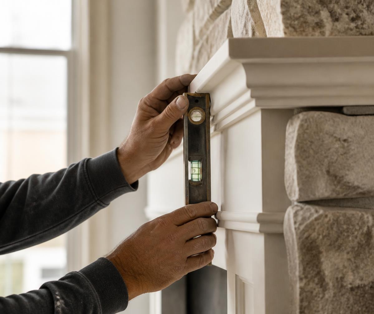 A level checked against trim carpentry during a home renovation