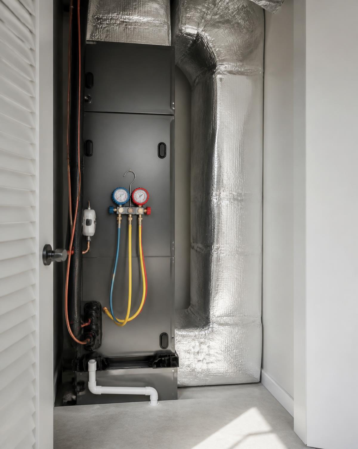 Refrigerant gauges attached to a newly installed air handler beside sealed ductwork
