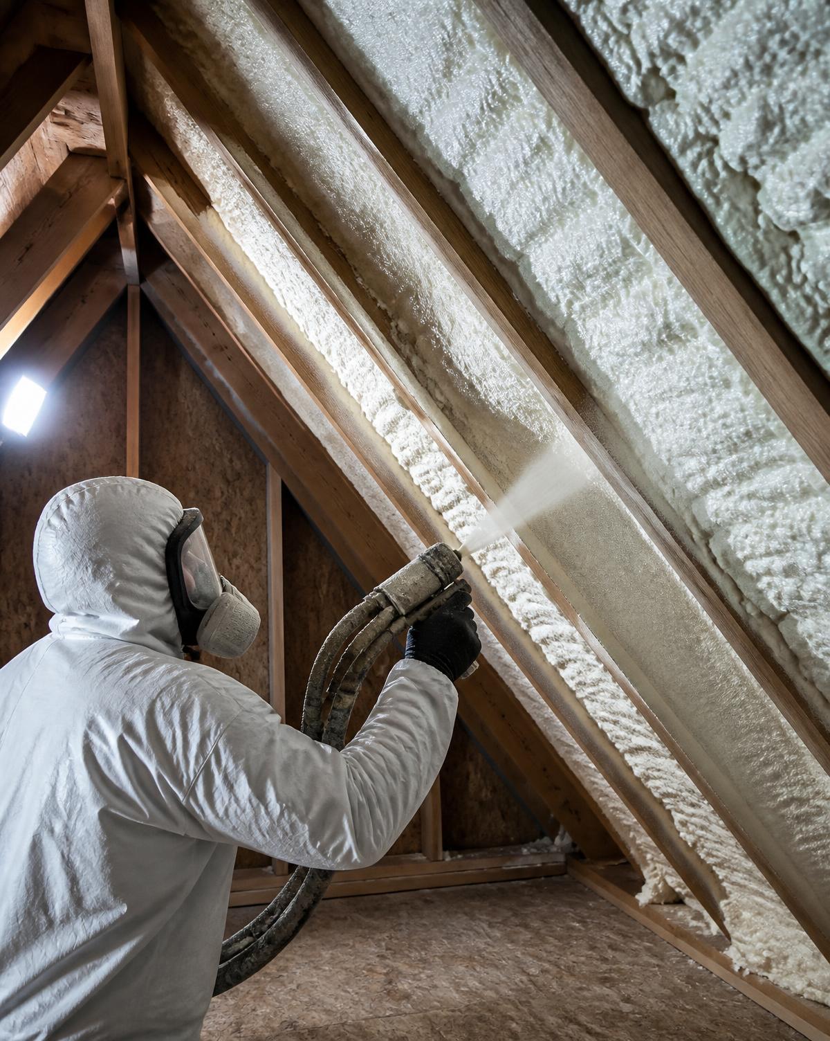 Installer in protective gear spraying foam insulation between attic rafters