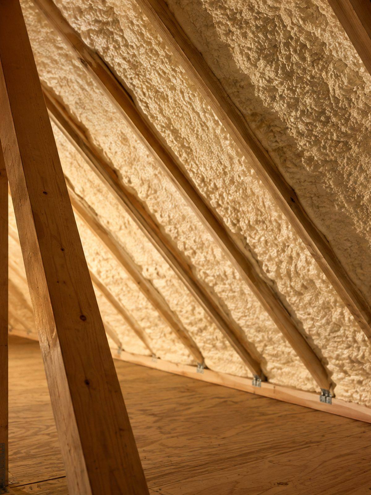Attic rafters with freshly applied spray foam insulation