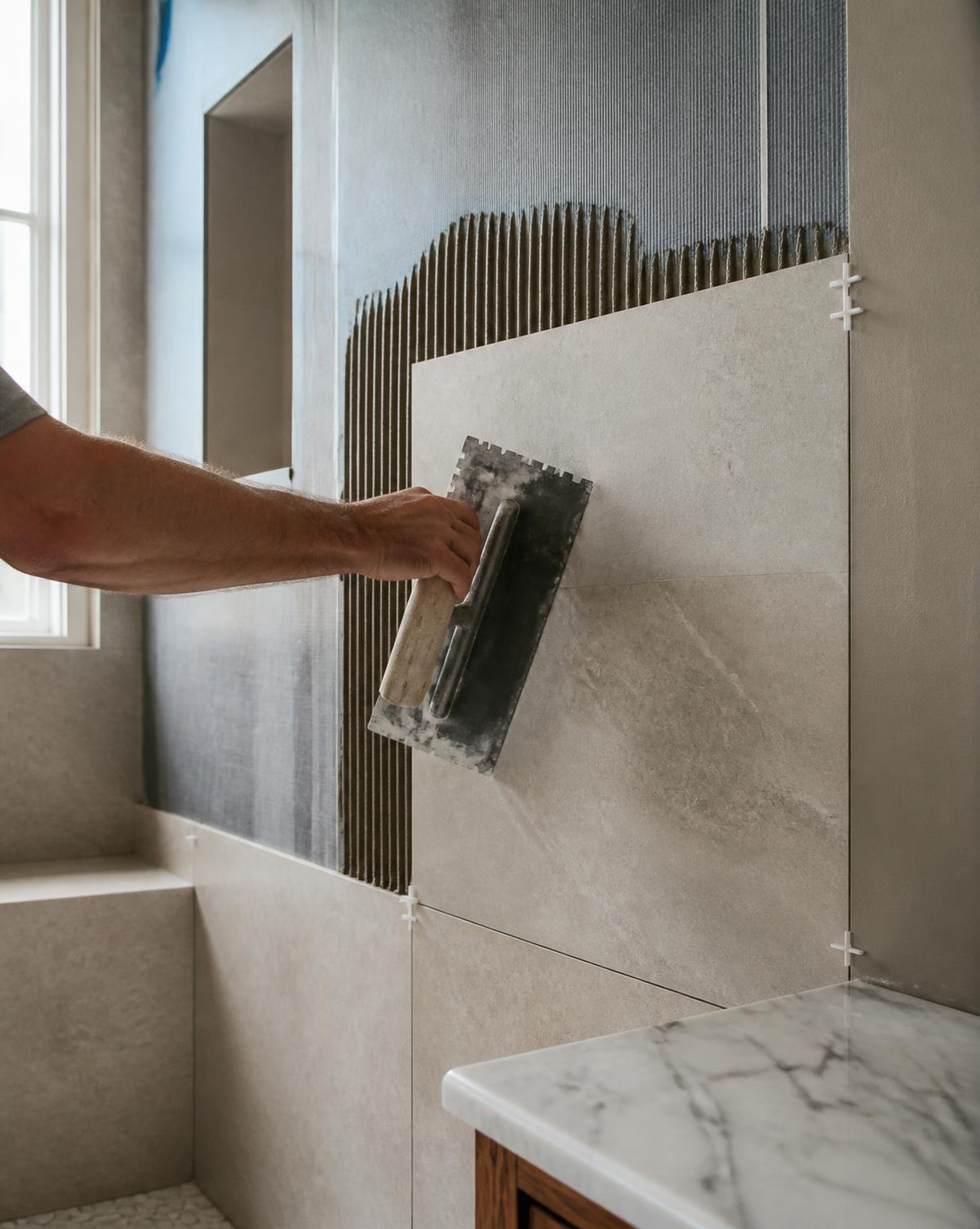 Large-format tile being set over waterproofing membrane on a shower wall