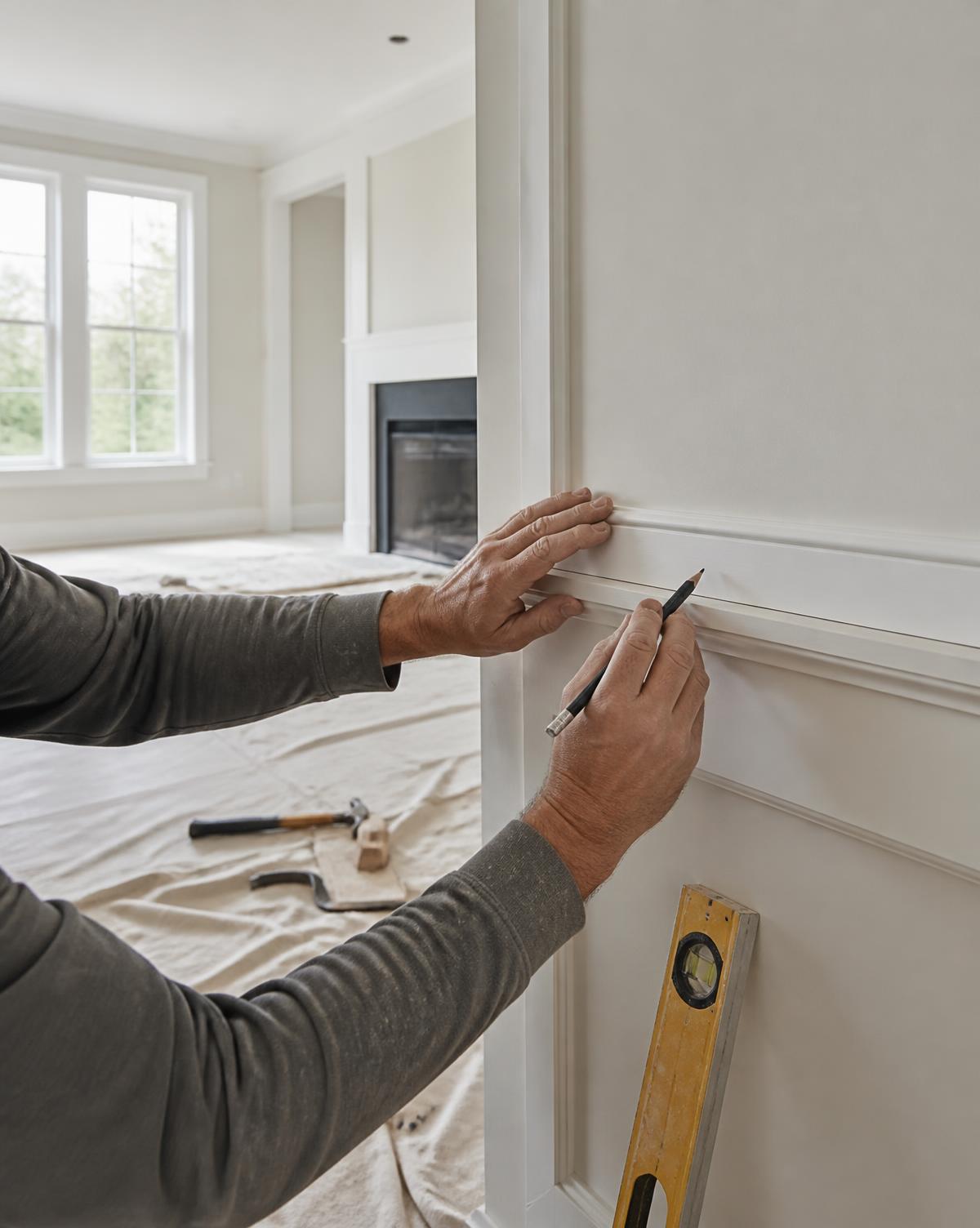 Carpenter marking and setting trim molding in a half-finished living room