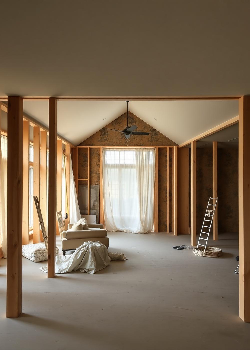 Interior of a home mid-renovation with framed walls and finished ceiling
