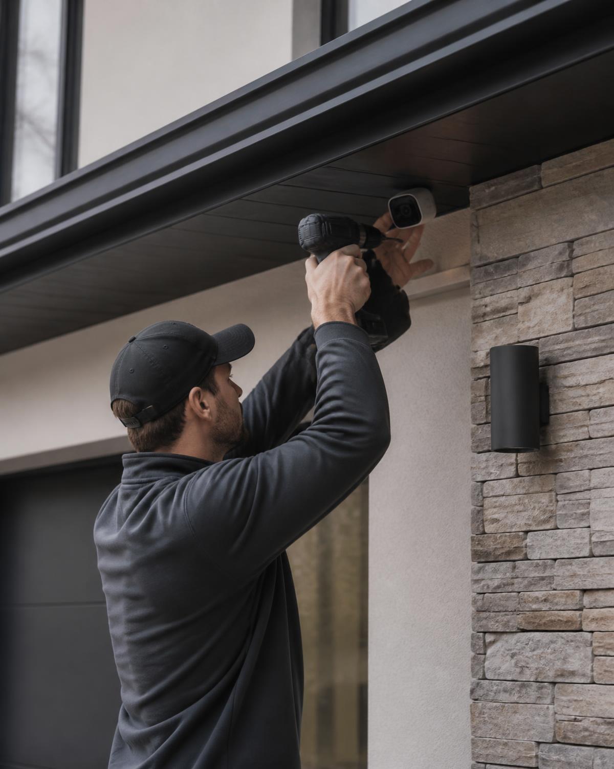 Installer mounting a small security camera under the eave of a stone-and-stucco home