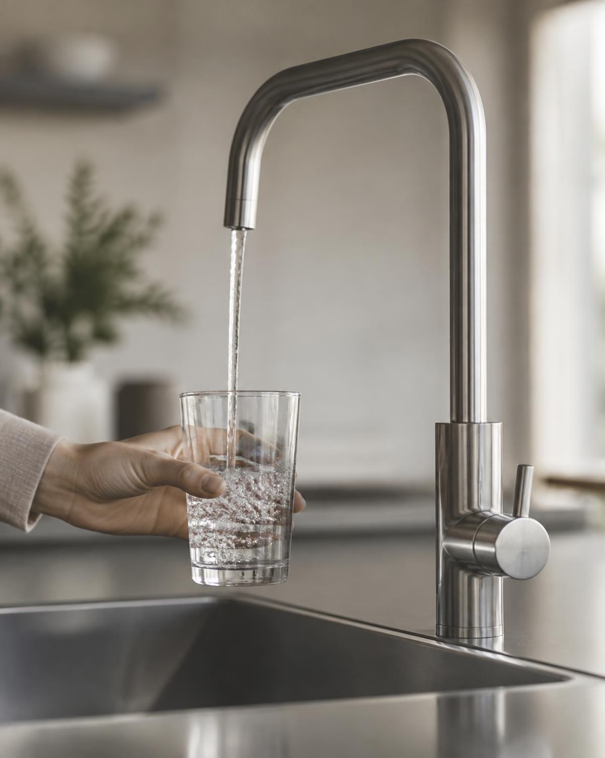 Glass of clear water being filled at a kitchen faucet
